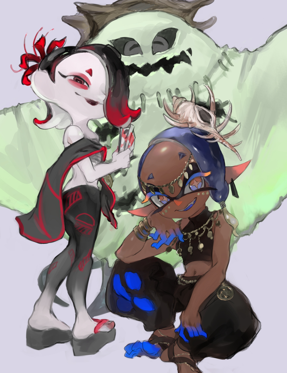 1boy, 2girls, asymmetrical_hair, bare_shoulders, big_man_(splatoon), big_man_(splatoween)_(splatoon), black_hair, black_lips