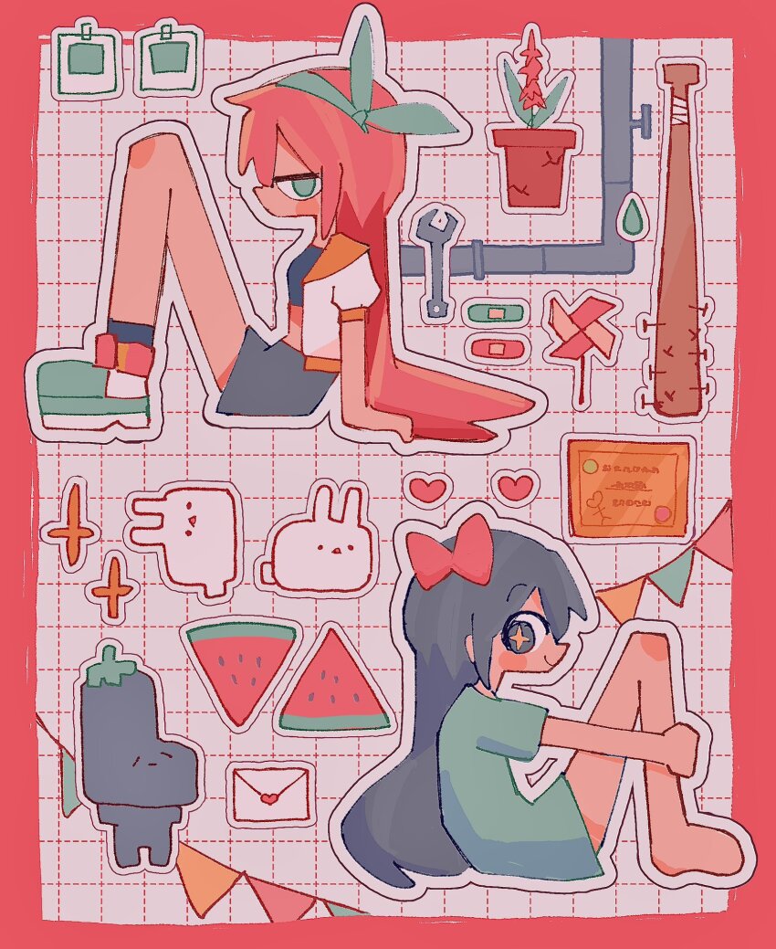 +_+, 2girls, aubrey_(faraway)_(omori), aubrey_(headspace)_(omori), aubrey_(omori), bandaid, barefoot, baseball_bat