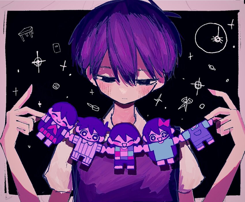 1boy, aubrey_(headspace)_(omori), aubrey_(omori), basil_(headspace)_(omori), basil_(omori), black_eyes, black_hair, black_sweater_vest