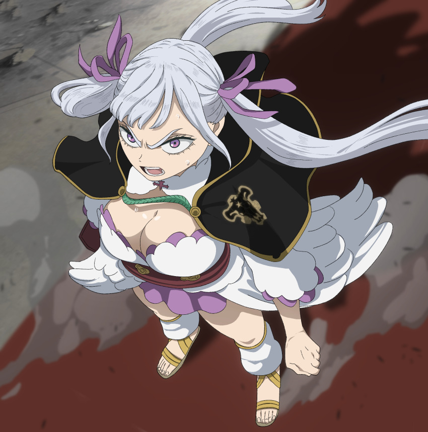 1girl, black_clover, breasts, cleavage, cloak, dress, feet, grey_hair