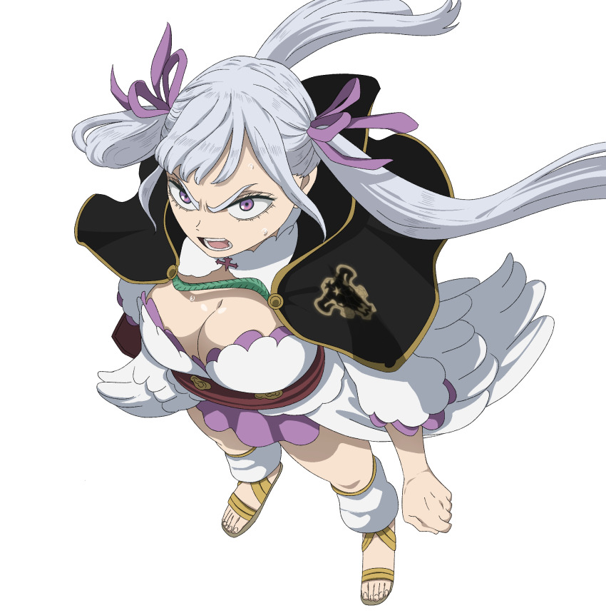 1girl, black_clover, breasts, cleavage, cloak, dress, feet, grey_hair, highres, iluvluvnutella, large_breasts, leg_warmers, long_hair, looking_up, miniskirt, noelle_silva, open_mouth, purple_eyes, sandals, serious, skirt, sweat, thighs, transparent_background, twintails, white_background