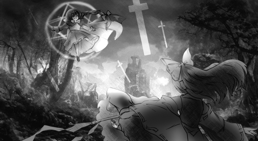 2girls, bad_id, bad_twitter_id, bare_legs, bare_shoulders, boots, bow, bowtie, braid, brooch, cape, cloud, cloudy_sky, commentary, cowboy_shot, cross, day, detached_sleeves, english_commentary, face-to-face, fighting, floating, floating_clothes, floating_hair, forest, frilled_skirt, frills, from_behind, full_body, gohei, greyscale, hair_bow, hair_tubes, hakurei_reimu, highres, holding, holding_gohei, jewelry, long_hair, long_skirt, long_sleeves, low-tied_long_hair, luo_qiangwei, monochrome, multiple_girls, nature, okazaki_yumemi, open_mouth, outdoors, outstretched_arms, pleated_skirt, ribbon-trimmed_bow, ribbon-trimmed_sleeves, ribbon_trim, single_braid, skirt, skirt_set, sky, smile, teeth, touhou, touhou_(pc-98), tower, very_long_hair, vest, wide_sleeves