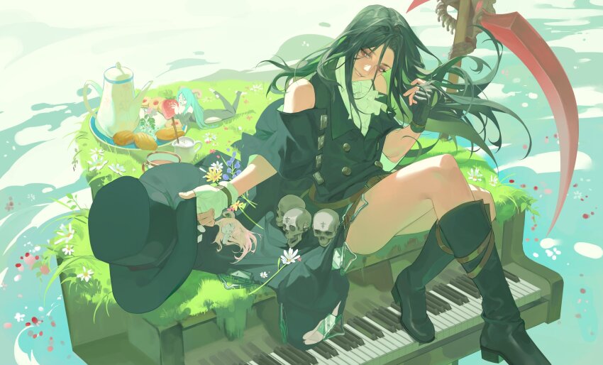 1other, androgynous, ascot, ashina_kasa, asymmetrical_gloves, asymmetrical_sleeves, bare_shoulders, biscuit_(bread), black_footwear, black_gloves, black_hair, boots, fingerless_gloves, floral_background, flower, gloves, guilty_gear, guilty_gear_strive, hat, highres, holding, holding_scythe, holding_unworn_clothes, holding_unworn_hat, instrument, kettle, long_hair, piano, red_eyes, scythe, skull, smile, succubus_familiar, tea, testament_(guilty_gear), top_hat, unworn_hat, unworn_headwear, water, white_ascot
