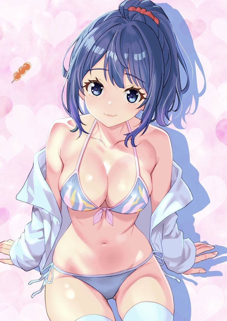 1girl, bikini, blue_bikini, blue_eyes, blue_hair, breasts, cleavage, closed_mouth