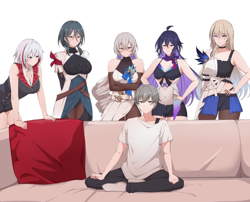 1boy, 5girls, ahoge, alternate_costume, arms_behind_back, arms_under_breasts, bare_shoulders, black_choker, blonde_hair, blue_eyes, blue_hair, blush, breasts, bronya_rand, brown_hair, caelus_(honkai:_star_rail), casting_couch, centauri-d, choker, closed_mouth, colored_inner_hair, commentary, couch, crossed_arms, cushion, english_commentary, grey_hair, hair_between_eyes, hair_ornament, hands_on_own_hips, hands_on_own_knees, harem, highres, honkai:_star_rail, honkai_(series), imminent_gangbang, indian_style, large_breasts, long_hair, looking_at_another, meme, multicolored_hair, multiple_girls, natasha_(honkai:_star_rail), navel, on_couch, pillow, piper_perri_surrounded_(meme), purple_eyes, purple_hair, red_hair, seele_(honkai:_star_rail), serval_landau, shirt, short_hair, simple_background, sitting, smile, standing, stomach, streaked_hair, surrounded, topaz_(honkai:_star_rail), trailblazer_(honkai:_star_rail), white_background, white_hair, white_shirt, you_gonna_get_raped