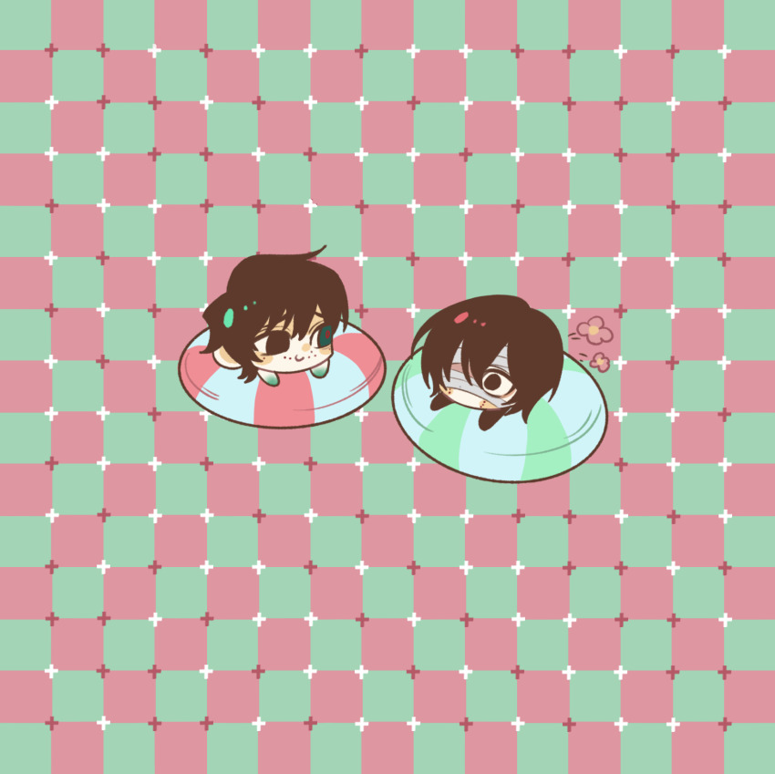 1717657, 2boys, bandage_over_one_eye, black_eyes, black_gloves, black_hair, brothers, checkered_background, chibi, chibi_only, chinese_commentary, closed_mouth, commentary_request, gloves, green_eyes, heterochromia, highres, innertube, male_focus, multiple_boys, naihe_(male)_(touqi_guaitan), optical_illusion, primrose_field_illusion, short_hair, siblings, smile, swim_ring, touqi_guaitan, two-tone_background, wu_song_(male)_(touqi_guaitan)