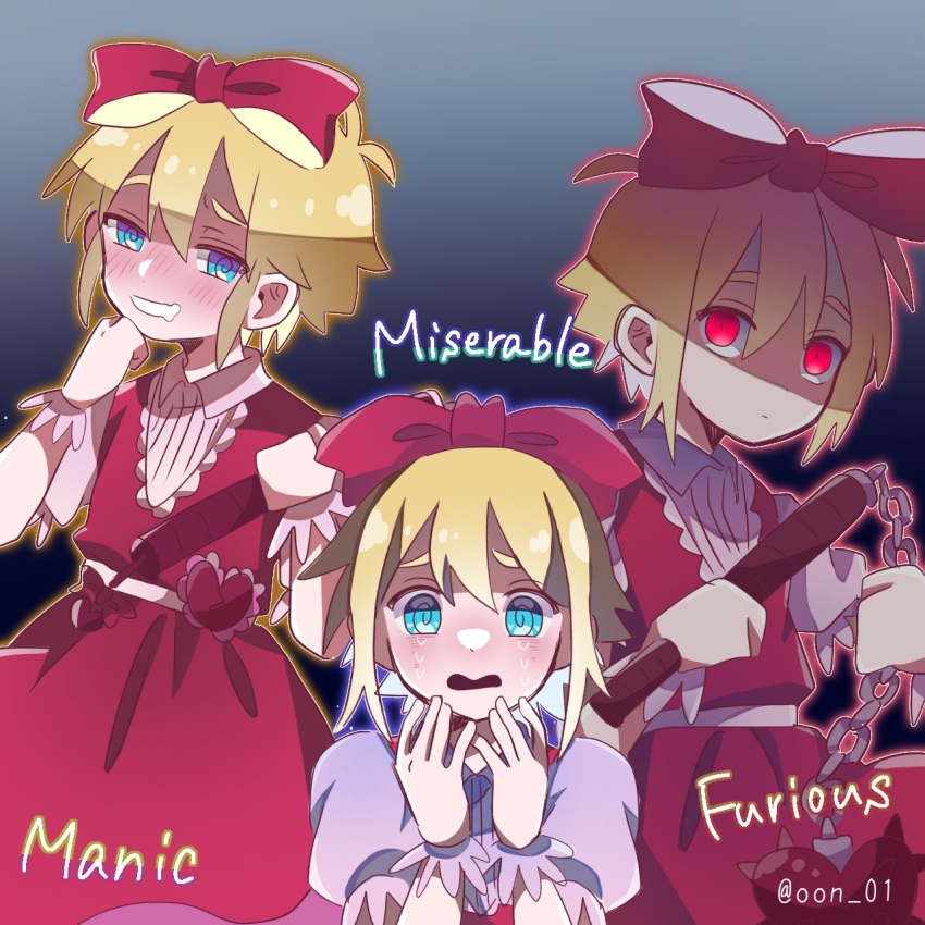 1boy, @_@, amane_(ama_yzk00), basil_(faraway)_(omori), basil_(omori), blush, bow, closed_mouth, cosplay, flail, hair_bow, highres, holding_flail, holding_weapon, looking_at_viewer, male_focus, omori, open_mouth, pink_bow, puffy_short_sleeves, puffy_sleeves, red_eyes, short_hair, short_sleeves, smile, solo, sweetheart_(omori), sweetheart_(omori)_(cosplay), weapon
