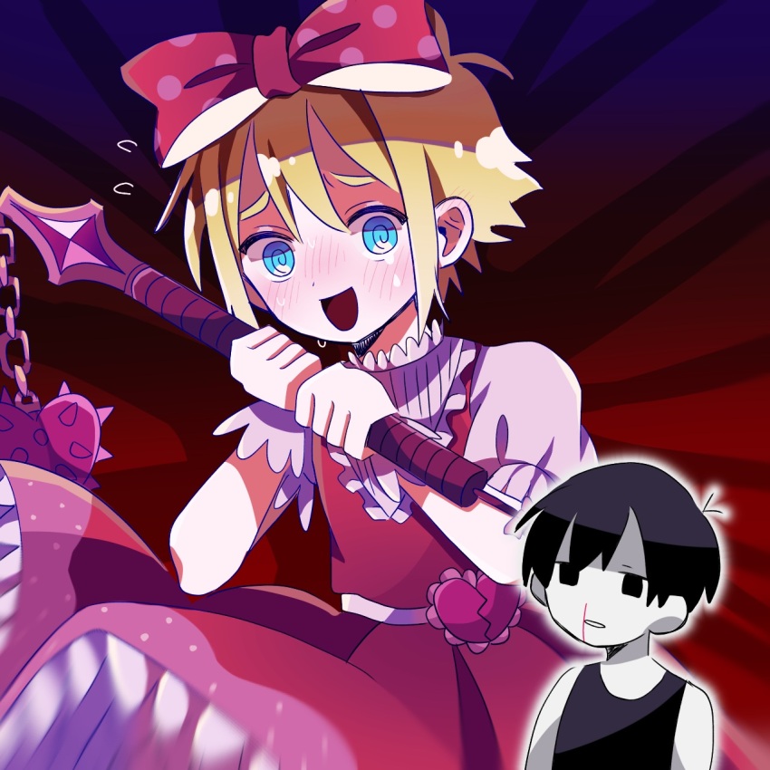 2boys, @_@, amane_(ama_yzk00), basil_(faraway)_(omori), basil_(omori), black_eyes, black_hair, black_tank_top, blonde_hair, blood, blush, bow, colored_skin, cosplay, flail, hair_bow, highres, holding_flail, holding_weapon, looking_at_viewer, male_focus, multiple_boys, nosebleed, omori, omori_(omori), open_mouth, pink_bow, polka_dot, polka_dot_bow, puffy_short_sleeves, puffy_sleeves, short_hair, short_sleeves, sweetheart_(omori), sweetheart_(omori)_(cosplay), tank_top, weapon, white_skin