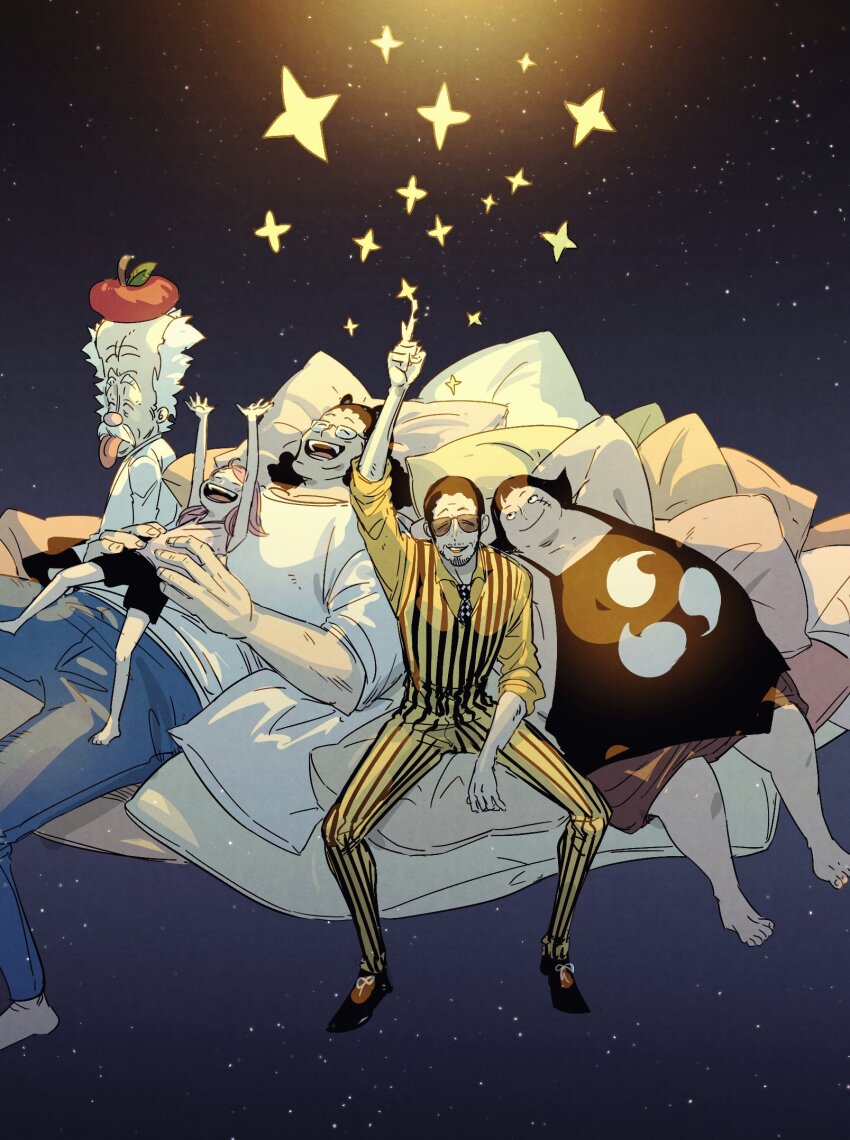 1girl, 4boys, 6cheetah, ^_^, animal_ears, apple, arm_up, arms_up