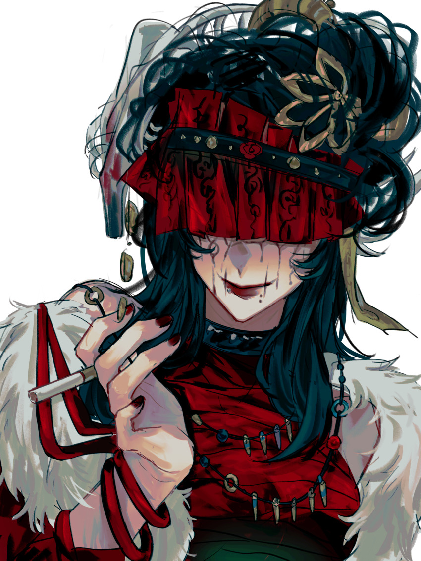 1girl, absurdres, black_hair, buxiang_hua_suxie!, chinese_commentary, cigarette, closed_mouth, commentary_request, covered_eyes, fur-trimmed_jacket, fur_trim, hand_up, highres, holding, holding_cigarette, jacket, long_hair, mole, mole_under_mouth, multiple_moles, portrait, red_jacket, red_lips, red_nails, red_shirt, shirt, simple_background, sleeveless, sleeveless_shirt, smile, solo, touqi_guaitan, wangliang_(touqi_guaitan), white_background