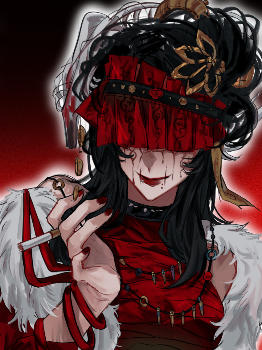 1girl, absurdres, black_hair, buxiang_hua_suxie!, chinese_commentary, cigarette, closed_mouth, commentary_request, covered_eyes, fur-trimmed_jacket, fur_trim, hand_up, highres, holding, holding_cigarette, jacket, long_hair, mole, mole_under_mouth, multiple_moles, portrait, red_jacket, red_lips, red_nails, red_shirt, shirt, sleeveless, sleeveless_shirt, smile, solo, touqi_guaitan, wangliang_(touqi_guaitan)