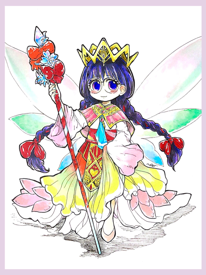 alternate_costume, black_hair, border, crown, fairy, fairy_wings, full_body, heart, highres, holding, holding_staff, kirby_(series), kirby_64, long_hair, nintendo, norajiyuuchou, pink_border, pink_shoes, ripple_star_queen, round_eyewear, shoes, sleeves_past_fingers, sleeves_past_wrists, staff, standing, very_long_hair, wings
