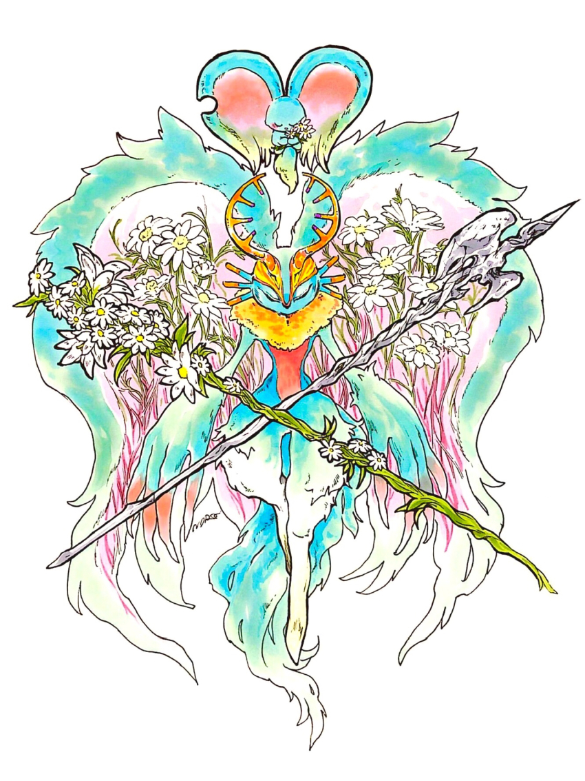 antlers, closed_eyes, elfilin, fecto_elfilis, flower, full_body, furry, highres, holding, holding_flower, horns, kirby_(series), kirby_and_the_forgotten_land, nintendo, norajiyuuchou, notched_ear, simple_background, staff, white_background, white_flower