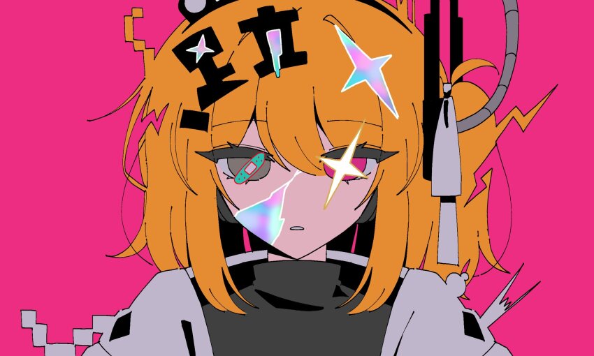 1girl, a.i._voice, adachi_rei, bandaid_on_eye, cable, cracked_skin, glitch, grey_eyes