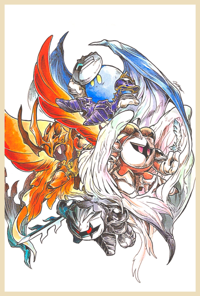 absurdres, armor, bat_wings, butterfly_wings, dark_meta_knight, feathers, galacta_knight, gloves