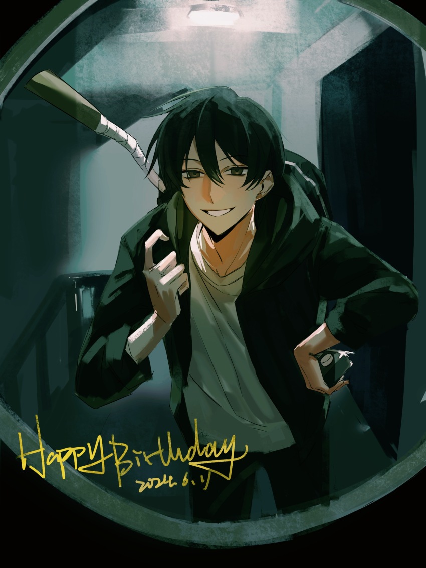 1boy, backpack, bag, black_bag, black_eyes, black_hair, black_jacket, black_pants