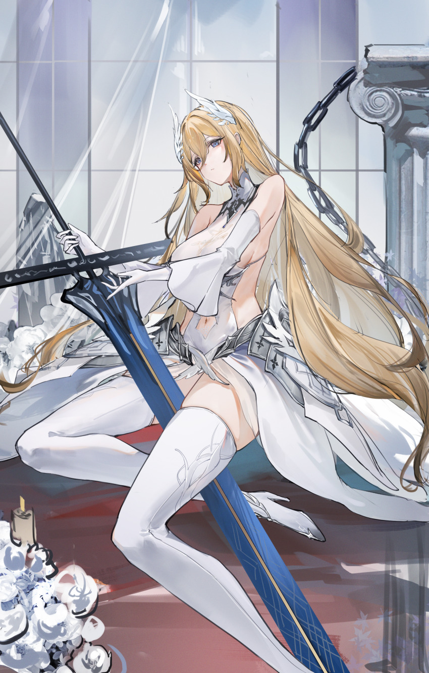 1girl, absurdres, azur_lane, bare_shoulders, bayard_(azur_lane), blonde_hair, blue_eyes, boots