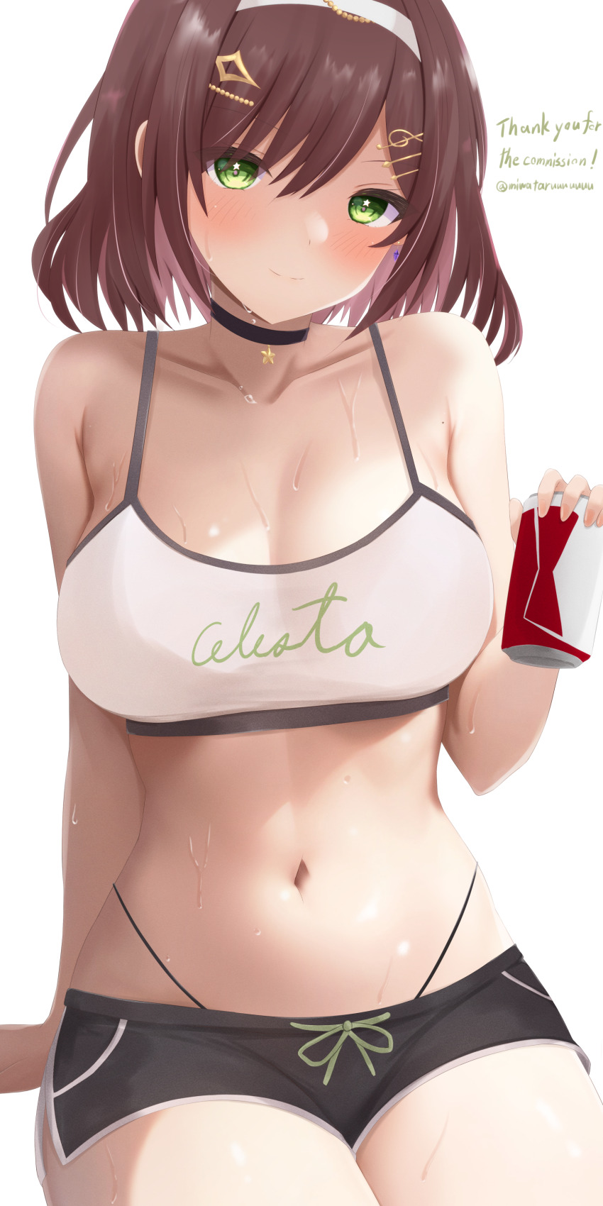 1girl, absurdres, bare_shoulders, black_choker, black_footwear, blush, breasts, brown_hair, can, choker, cleavage, clothes_writing, collarbone, commentary_request, commission, cowboy_shot, crop_top, dolphin_shorts, drink_can, fortissimo, green_eyes, hair_ornament, hairband, highleg, highleg_panties, highres, holding, holding_can, indie_virtual_youtuber, large_breasts, looking_at_viewer, miori_celesta, miori_celesta_(comfy), miori_celesta_(guildmaster), miwataru, mole, mole_on_armpit, musical_note, musical_note_hair_ornament, navel, panties, short_hair, shorts, skeb_commission, smile, solo, star_(symbol), star_in_eye, sweat, symbol_in_eye, thank_you, treble_clef, twitter_username, underwear, virtual_youtuber, white_hairband