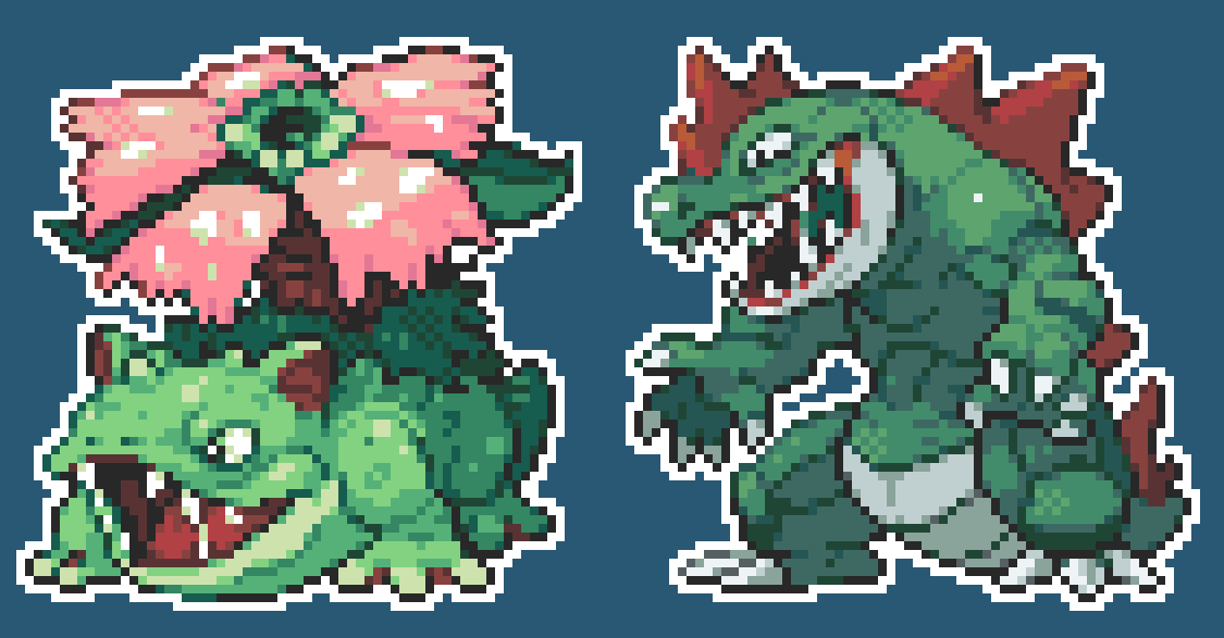 alternate_skin_color, animal_ears, blue_background, claws, colored_skin, fangs, feraligatr, flower, gen_1_pokemon, gen_2_pokemon, goliathgastro, green_skin, nintendo, no_humans, open_mouth, pixel_art, plant, plant_monster, pokemon, pokemon_(creature), pokemon_focus, prototype_design, reptile, sharp_teeth, spines, sprite, teeth, venusaur, warts, webbed_feet, white_background