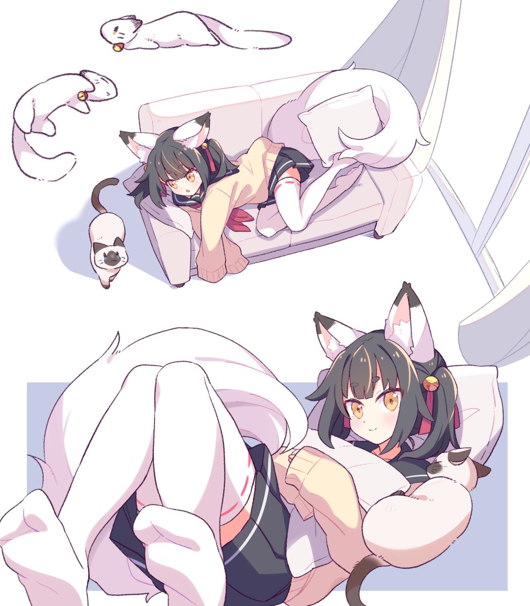 1girl, animal_ears, bell, black_sailor_collar, black_skirt, blush, cat, closed_mouth, colorpoint_(pattern), couch, ferret, ferret_ears, ferret_girl, ferret_tail, hair_bell, hair_ornament, highres, hikimayu, indoors, knees_up, long_sleeves, looking_at_animal, looking_at_viewer, lying, medium_hair, multiple_views, no_shoes, on_back, on_couch, on_side, original, pleated_skirt, sailor_collar, school_uniform, serafuku, siamese_cat, skirt, sleeves_past_fingers, sleeves_past_wrists, smile, suzuno_(suzuno3110), sweater, tail, thighhighs, twintails, white_thighhighs, yellow_eyes, yellow_sweater