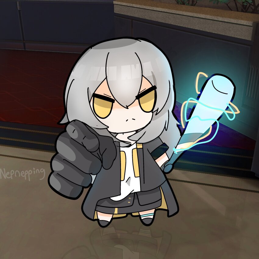 1girl, absurdres, artist_name, baseball_bat, black_gloves, black_jacket, closed_mouth, commentary_request