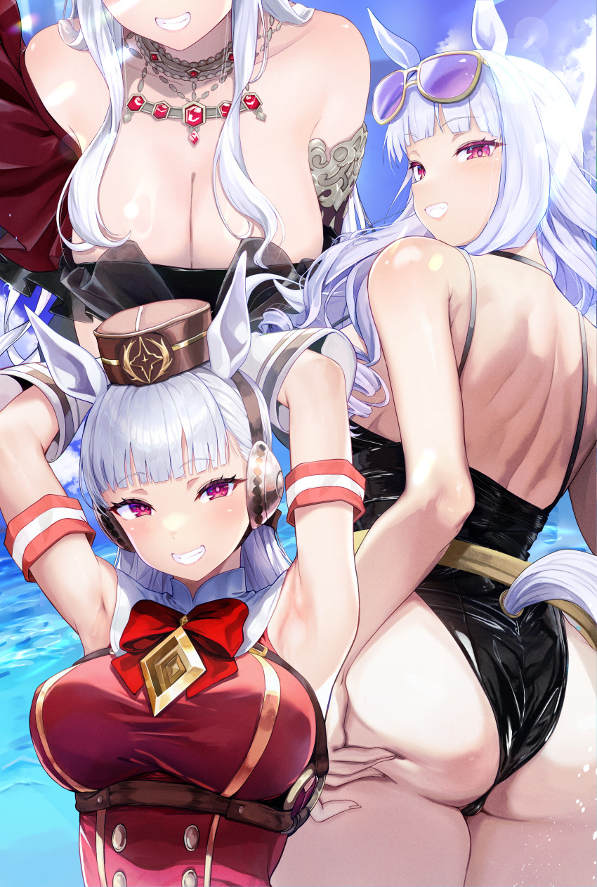 1girl, absurdres, animal_ears, armpits, arms_behind_head, ass, back, bare_shoulders, black_one-piece_swimsuit, blue_hair, blunt_bangs, blush, breasts, cleavage, elbow_gloves, eyewear_on_head, fuwamozzi, gloves, gold_ship_(la_mode_564)_(umamusume), gold_ship_(run_revolt_launcher)_(umamusume), gold_ship_(umamusume), grin, hat, highres, horse_ears, horse_girl, horse_tail, jewelry, large_breasts, long_hair, looking_at_viewer, multiple_views, necklace, one-piece_swimsuit, presenting_armpit, purple_eyes, smile, sunglasses, swimsuit, tail, umamusume, umamusume:_cinderella_gray, white_gloves