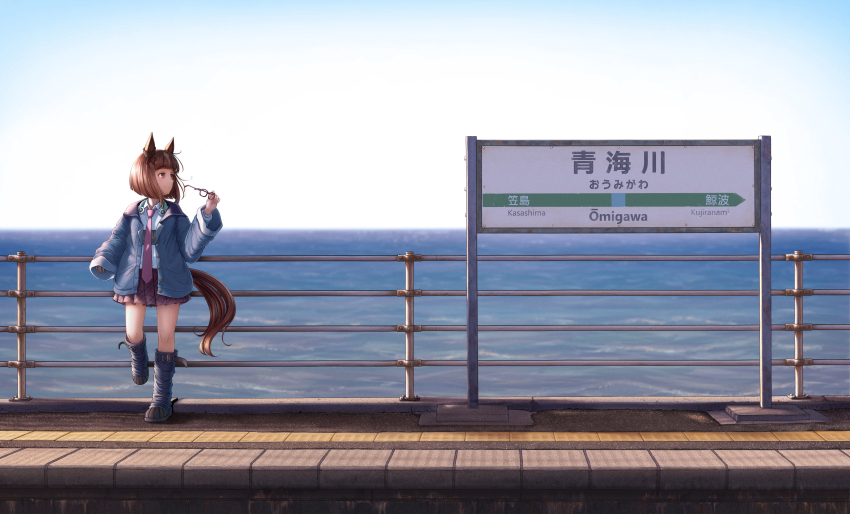 1girl, absurdres, against_railing, animal_ears, blue_jacket, boots, bow, brown_eyes