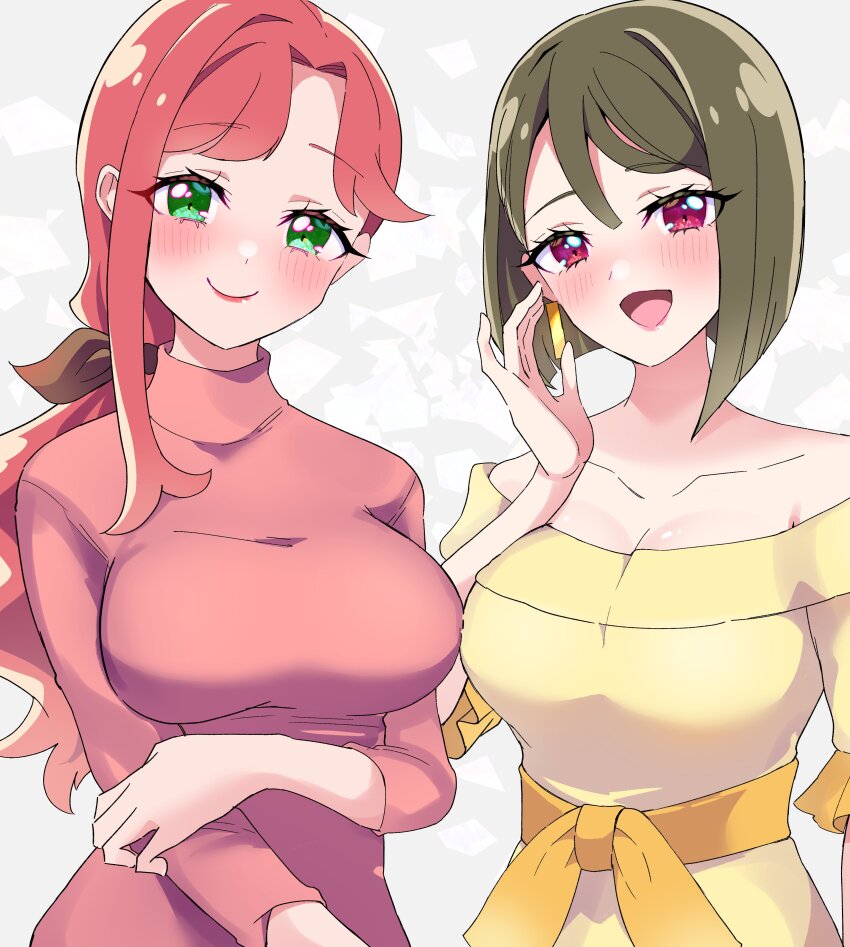 2girls, absurdres, bare_shoulders, blush, bow, breasts, brown_hair, closed_mouth