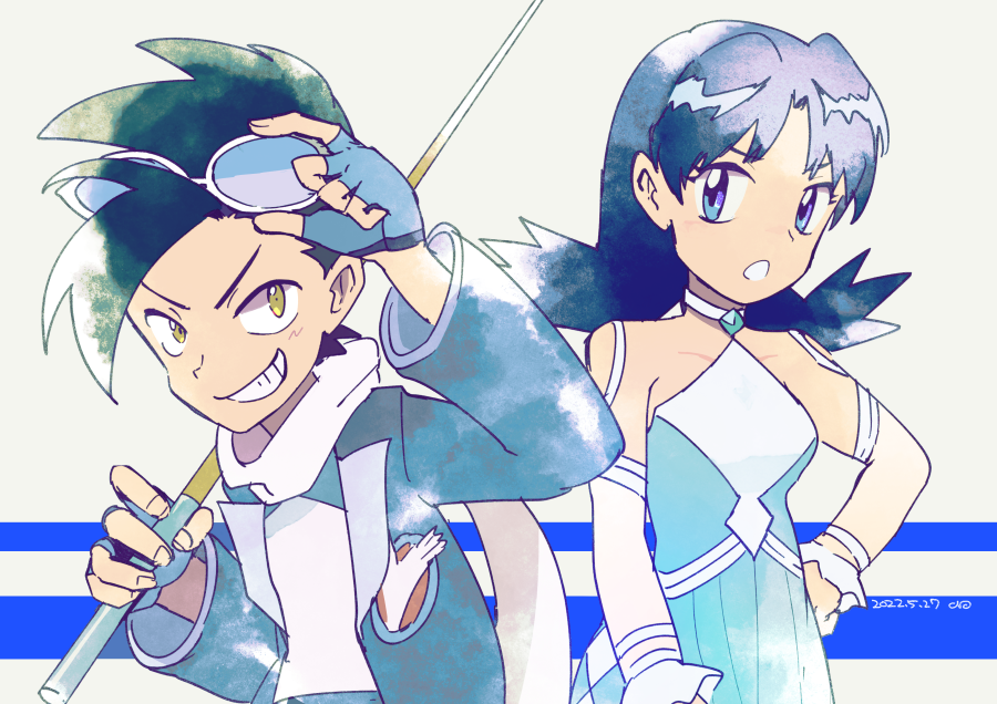 1girl, adjusting_eyewear, black_hair, blue_dress, blue_eyes, blue_hair, dress, ethan_(pokemon)