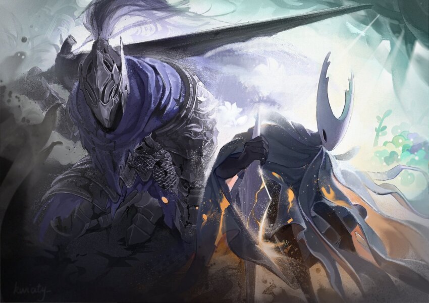 1boy, 1other, arm_up, armor, arthropod, artorias_the_abysswalker, black_cloak, black_eyes