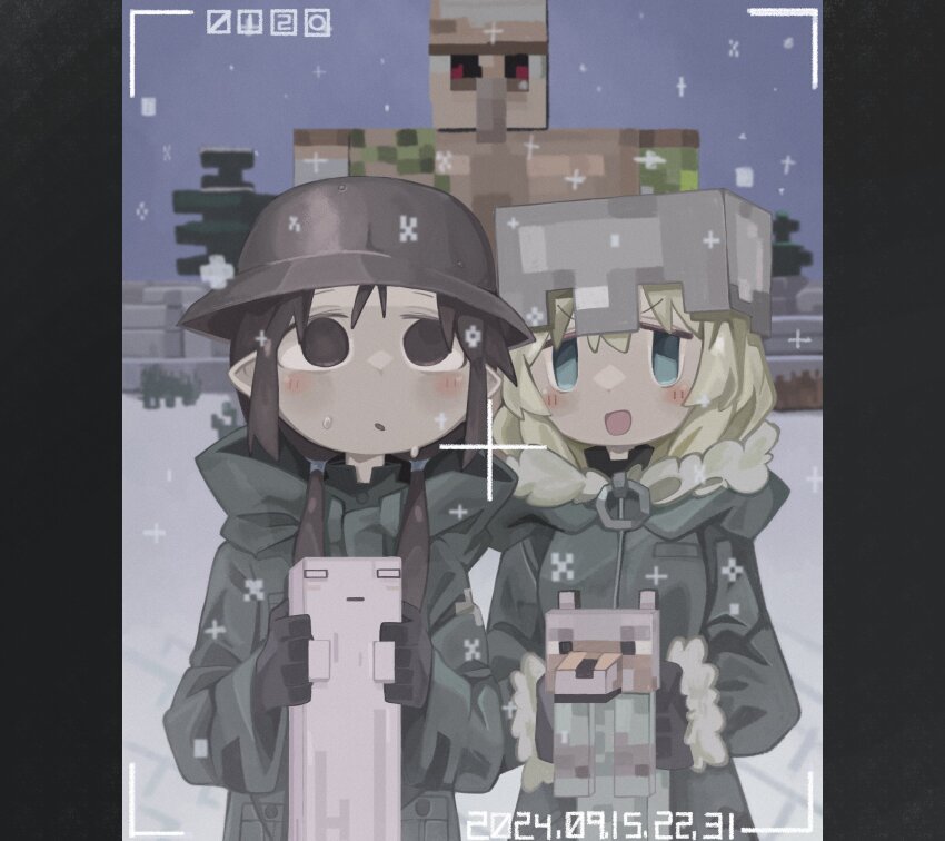 2girls, absurdres, black_eyes, black_hair, blonde_hair, blue_eyes, chito_(shoujo_shuumatsu_ryokou), crossover