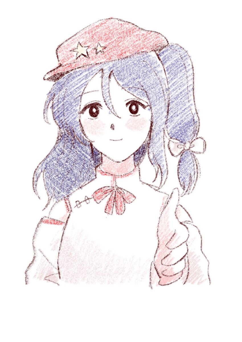 1girl, black_eyes, bow, newsboy_cap, closed_mouth, commentary_request, cropped_torso, detached_sleeves, dolls_in_pseudo_paradise, dorupi, flat_cap, hair_bow, happy, hat, hat_ornament, highres, label_girl_(dipp), long_hair, looking_at_viewer, mandarin_collar, neck_ribbon, offering_hand, purple_hair, red_hat, red_ribbon, ribbon, shirt, side_ponytail, simple_background, sleeveless, sleeveless_shirt, smile, solo, star_(symbol), star_hat_ornament, touhou, traditional_media, upper_body, white_background, white_bow, white_shirt, white_sleeves, wide_sleeves