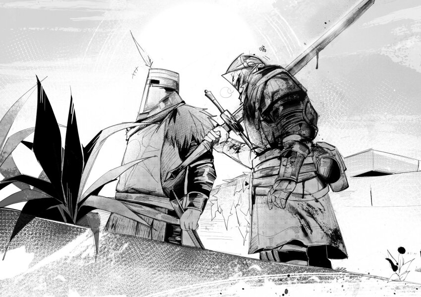 +++, 2boys, armor, belt, blood, blood_on_clothes, bloody_weapon, chosen_undead