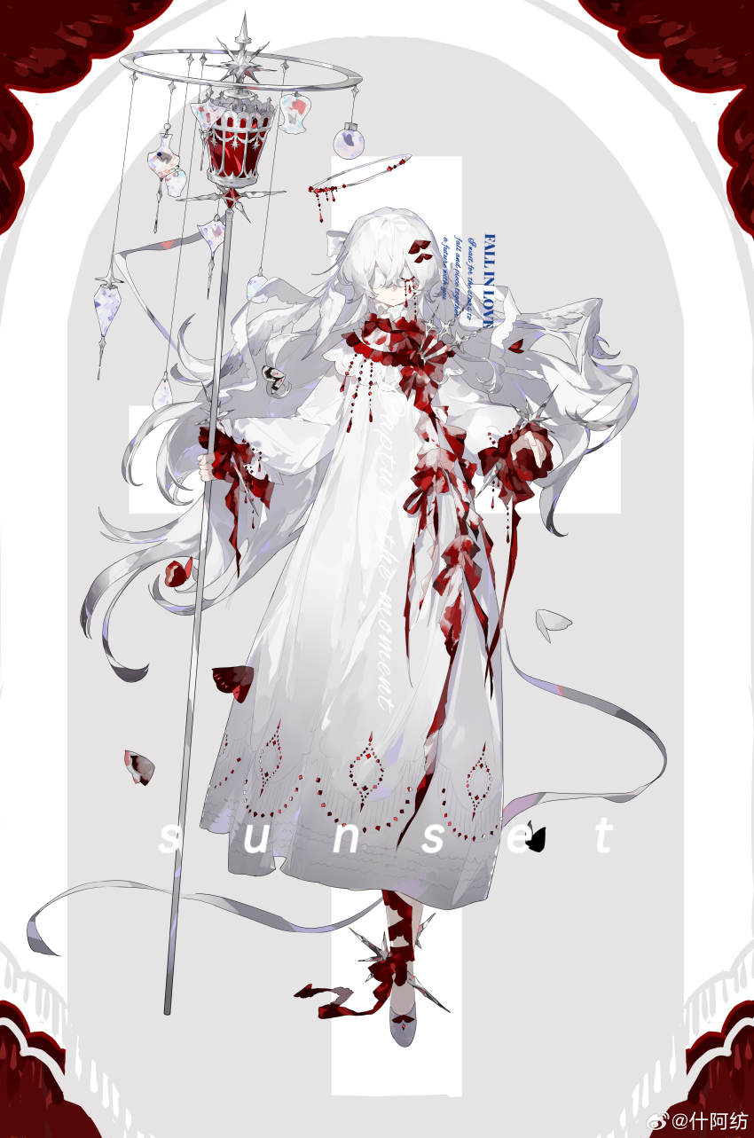 1girl, absurdres, angel_wings, ankle_ribbon, arch, blood, blood_on_clothes, blood_stain