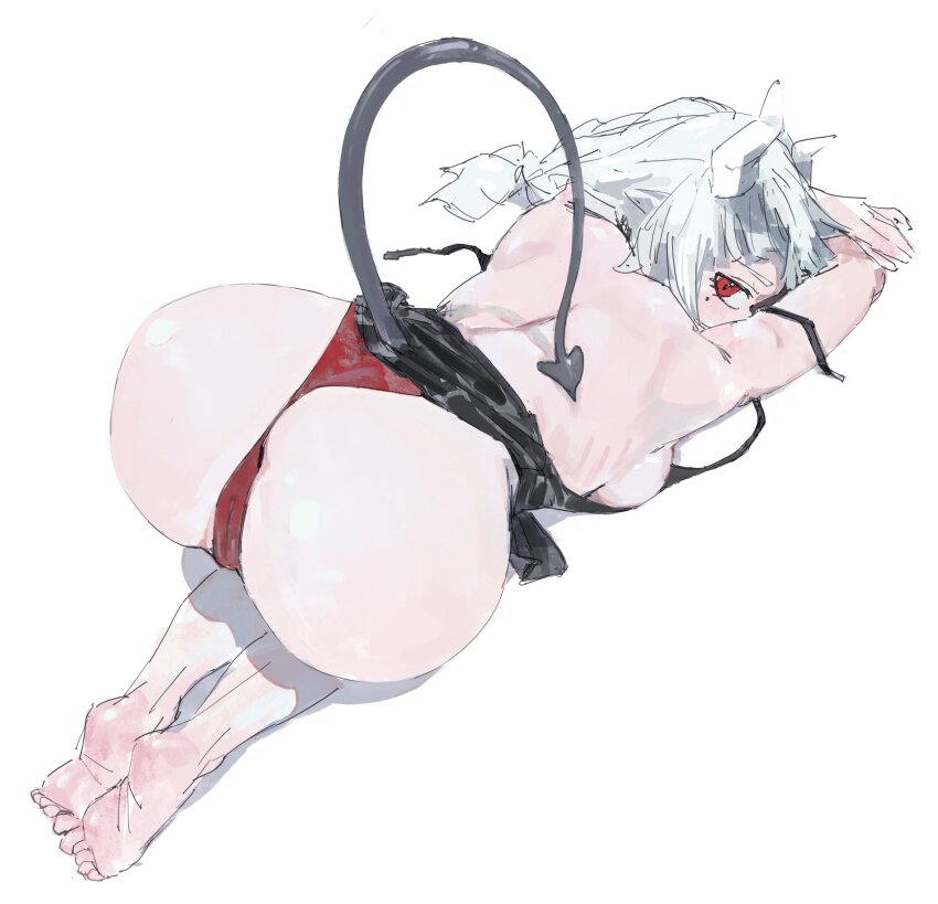 1girl, absurdres, ass, ass_focus, backless_outfit, barefoot, helltaker, highres, horns, looking_at_viewer, lucifer_(helltaker), mole, mole_under_eye, monmon_(sleepymonmon), panties, red_eyes, red_panties, solo, tail, top-down_bottom-up, underwear, white_background, white_hair