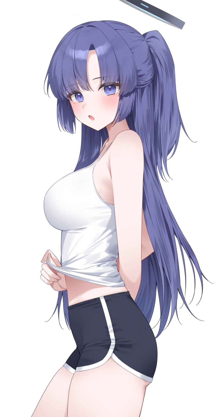 1girl, absurdres, blue_archive, blush, breasts, camisole, clothes_pull, dolphin_shorts