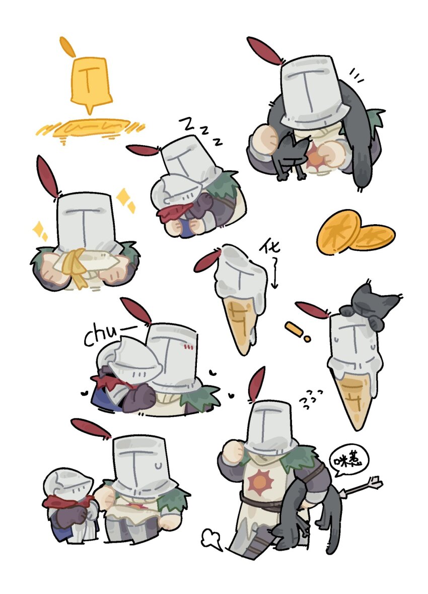 !, 2boys, animal, armor, arrow_(projectile), arrow_(symbol), black_cat, cat, chibi, chosen_undead, commentary, dark_souls_(series), dark_souls_i, feathers, flying_sweatdrops, food, fruit, fur_trim, greaves, green_fur, hat_feather, heart, helm, helmet, highres, holding, holding_animal, holding_cat, hug, ice_cream, ice_cream_cone, kiss, korean_text, male_focus, melting_ice_cream, multiple_boys, multiple_views, notice_lines, orange_(fruit), orange_slice, outstretched_arms, print_tabard, red_feathers, red_scarf, scarf, simple_background, sitting, sleeping, solaire_of_astora, sparkle, speech_bubble, sun_print, sweat, sweatdrop, tabard, white_background, ya_ya_(jiling651), yaoi, zzz