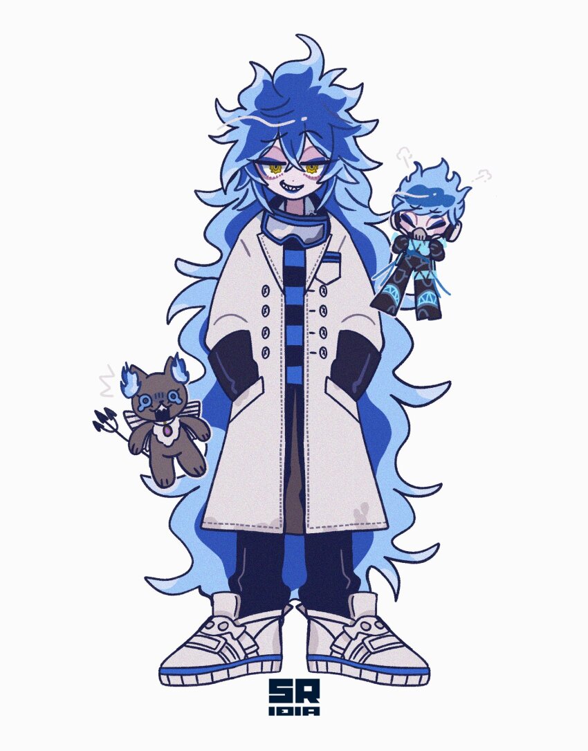 2boys, blue_hair, brothers, cat, commentary, creature, fiery_hair, full_body