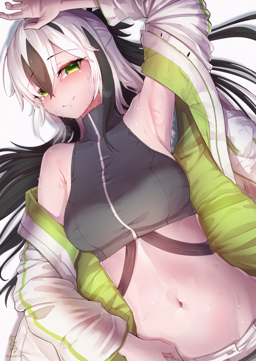 1girl, armpits, bare_shoulders, black_hair, black_skirt, blush, breasts, crop_top