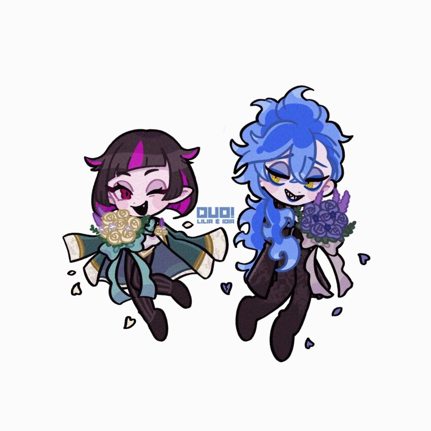 2boys, blue_hair, bouquet, brown_hair, coat, commentary, fang, fiery_hair