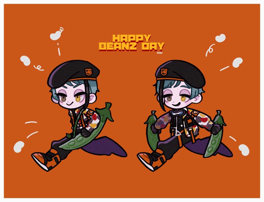 2boys, beanfest_(twisted_wonderland), beret, blue_hair, brothers, brown_eyes, english_text, floyd_leech