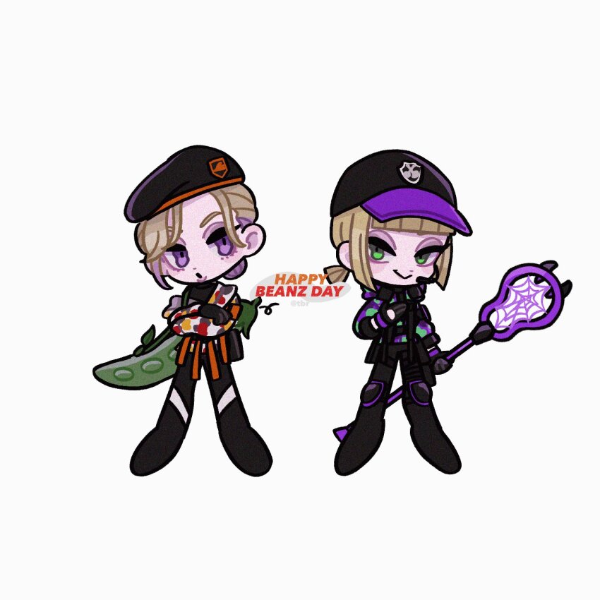 2boys, baseball_cap, beanfest_(twisted_wonderland), beret, blonde_hair, commentary, full_body, green_eyes