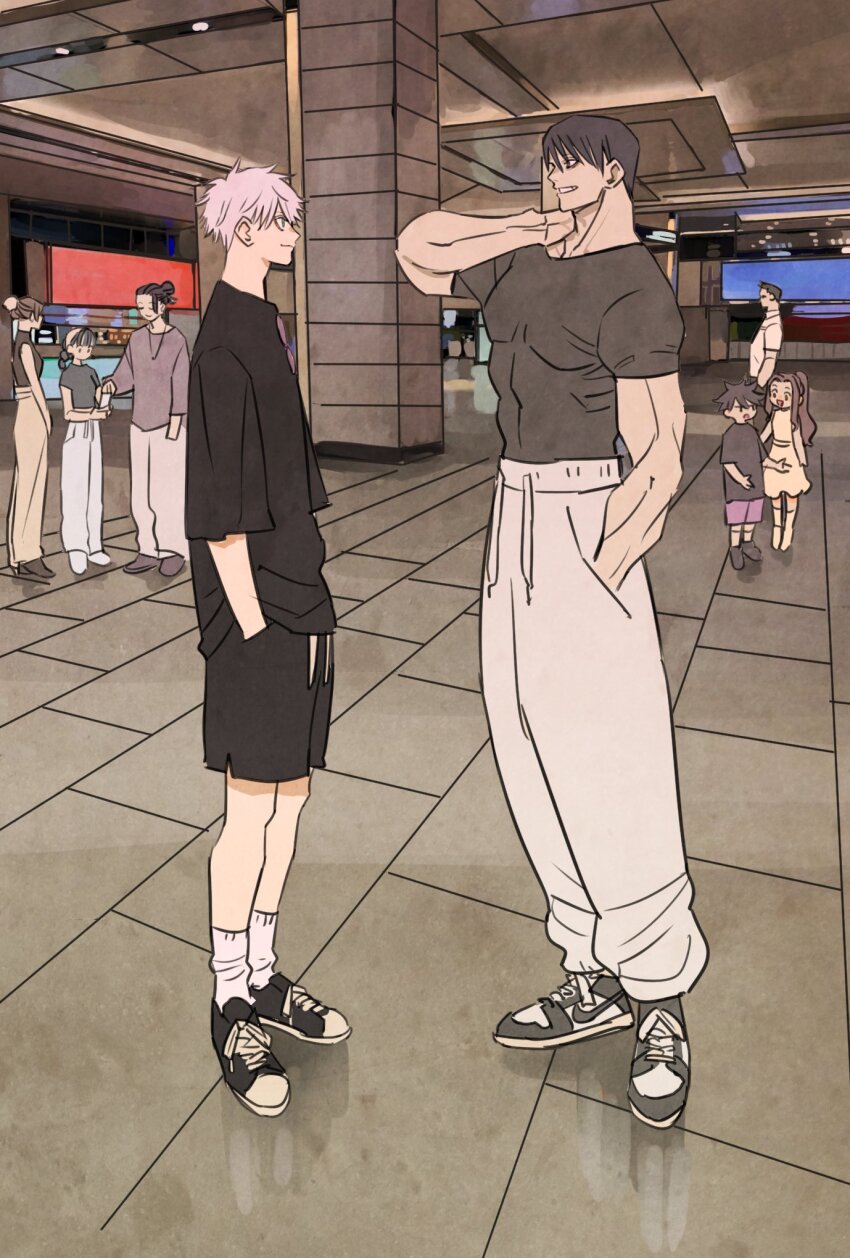 3girls, 5boys, aged_down, amanai_riko, black_hair, black_shirt, blunt_bangs, braid