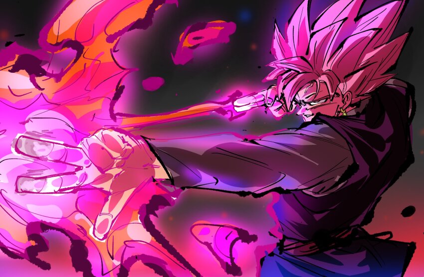 1boy, arrow_(projectile), black_bodysuit, bodysuit, dougi, dragon_ball, dragon_ball_super, earrings