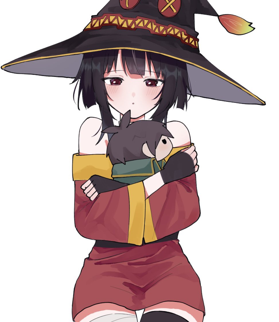 1girl, bandaged_leg, bandages, bare_shoulders, black_gloves, black_hat, black_thighhighs, blush