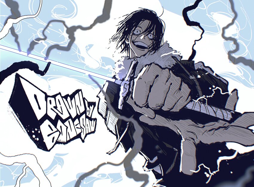 1boy, absurdres, ahoge, artist_name, bags_under_eyes, black_hair, black_jacket, bonesaw_(rdkshinku), chromatic_aberration, cloud_gouger_(sword), crazy_eyes, electricity, english_text, foreshortening, freckles, fur_collar, fur_trim, hair_between_eyes, high_contrast, highres, holding, holding_sword, holding_weapon, jacket, jewelry, kagurabachi, katana, lightning, lightning_background, looking_at_viewer, male_focus, messy_hair, necklace, open_hand, open_mouth, overexposure, short_hair, smile, solo, soujou_genichi, spread_fingers, sword, teeth, upper_body, upper_teeth_only, weapon