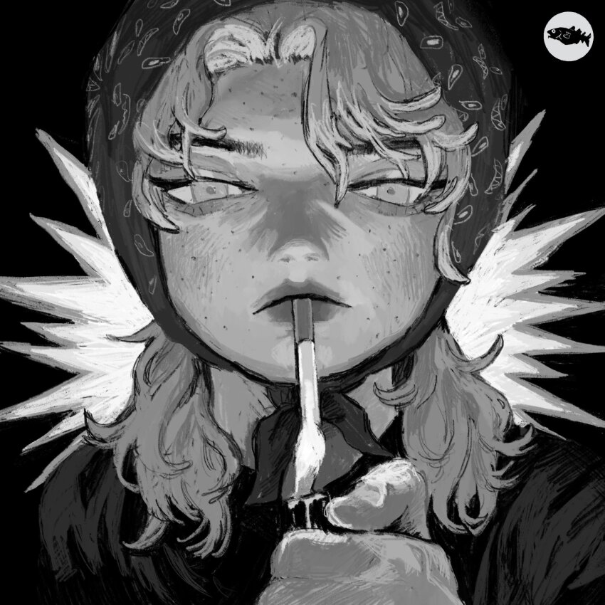 1girl, cigarette, expressionless, greyscale, headscarf, highres, lighter, lips