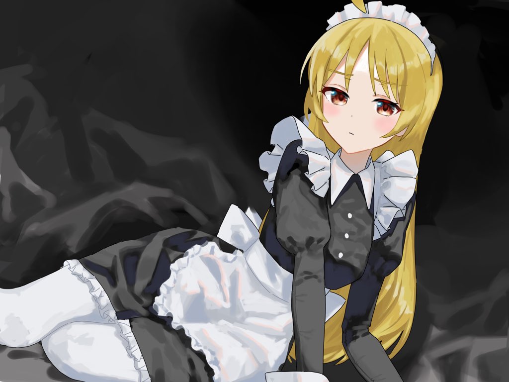 1girl, ahoge, alternate_costume, apron, black_background, black_dress, blonde_hair, bocchi_the_rock!, breasts, collared_dress, dress, enmaided, feet_out_of_frame, frilled_dress, frills, frown, ijichi_seika, juliet_sleeves, light_blush, long_hair, long_sleeves, looking_at_viewer, maid, maid_headdress, oekakikujira, orange_eyes, pantyhose, puffy_sleeves, sitting, small_breasts, solo, waist_apron, white_pantyhose, yokozuwari