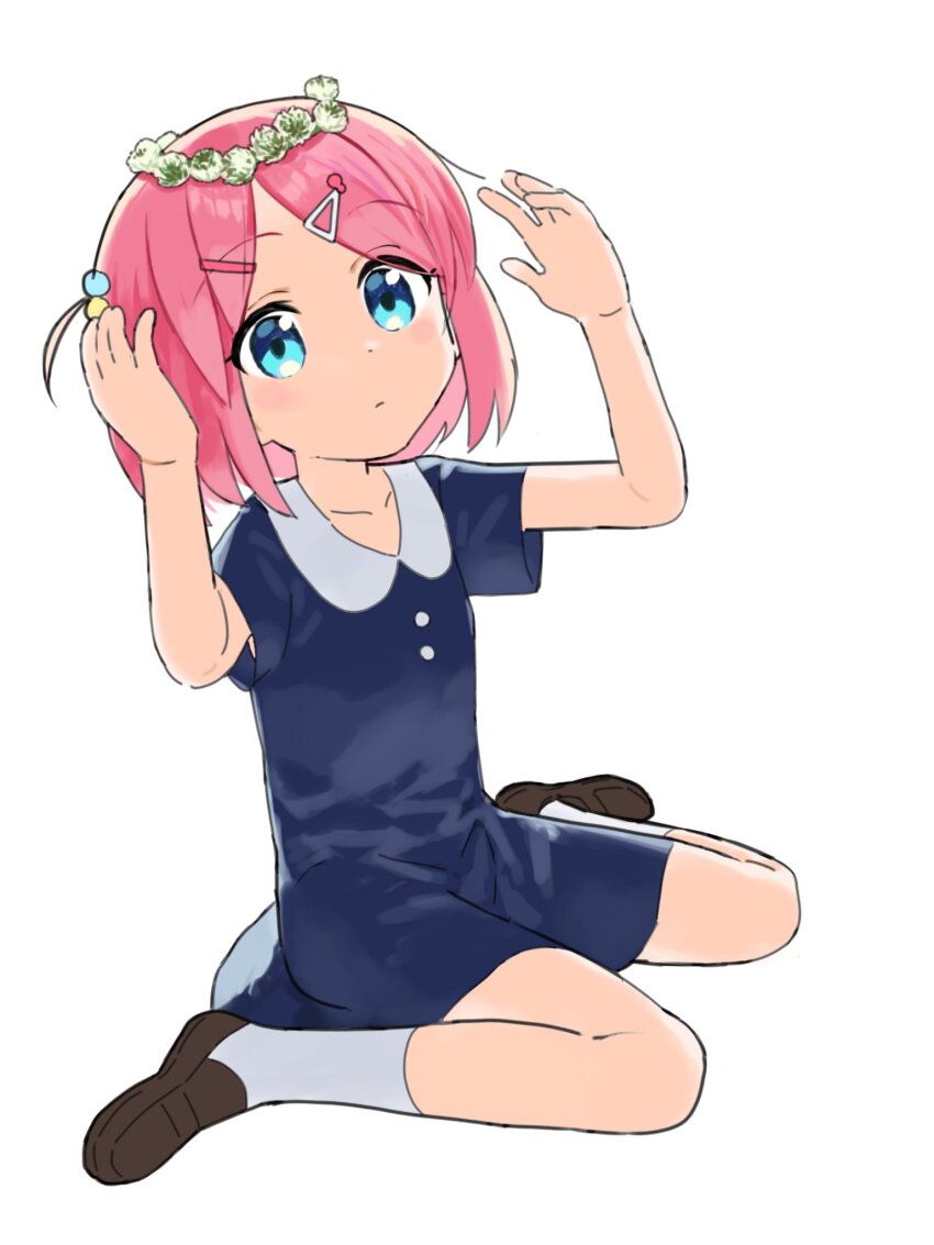 1girl, blue_dress, blue_eyes, bocchi_the_rock!, brown_shoes, child, dress, flower_wreath