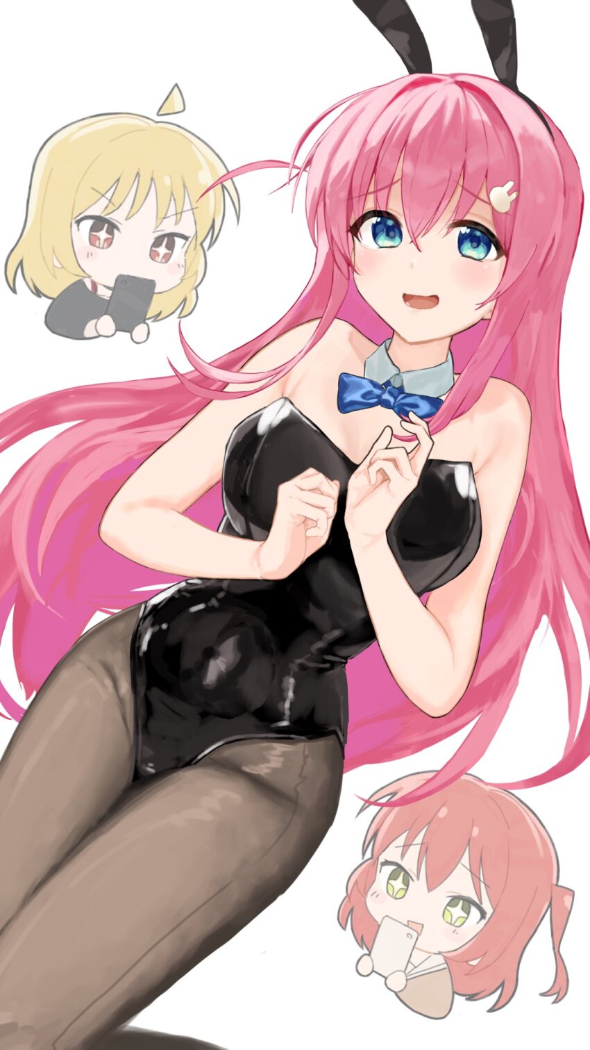 +_+, 3girls, ahoge, animal_ears, bare_shoulders, black_leotard, blonde_hair, blue_eyes, bocchi_the_rock!, bow, bowtie, breasts, cellphone, chibi, chibi_inset, detached_ahoge, detached_collar, fake_animal_ears, gotoh_hitori, hair_ornament, hairclip, highres, holding, holding_phone, ijichi_seika, kita_ikuyo, leotard, long_hair, looking_at_viewer, medium_breasts, multiple_girls, nervous_smile, oekakikujira, open_mouth, pantyhose, phone, playboy_bunny, rabbit_ears, raised_eyebrows, red_hair, smartphone, smile, solo_focus, taking_picture, white_background